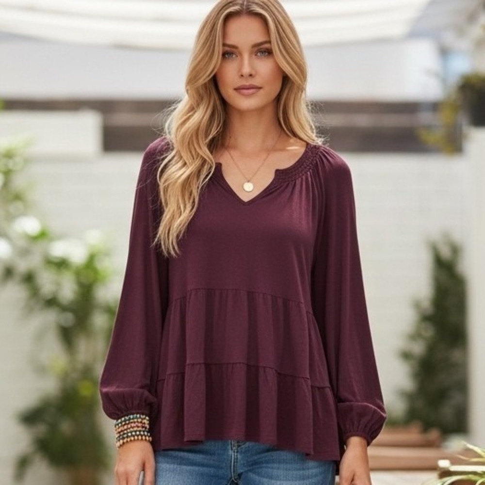 Wonderly Julianna Crepe Tiered Blouse Redrust Burgundy‎ V-Neck Boho Romantic XL